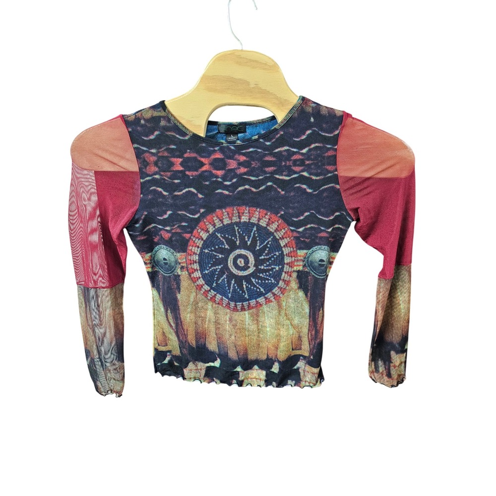 Anac Y2K Friends Sheer Mesh Southwestern Graphic Top Lettuce Edge Burgundy Large